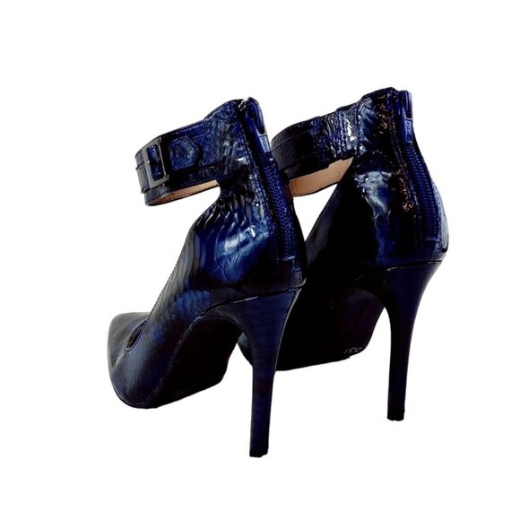 Ankle Strap Gianni Bini Stiletto Pump Patent Leather Navy Blue Embossed Shinny - Picture 10 of 11
